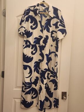 Mango White and Navy Blue Floral Button-Front Midi Dress